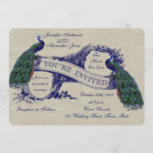 Linen Peacocks Rustic Wedding Invitation