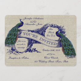 Linen Peacocks Rustic Wedding Invitation Kaart