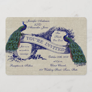 Linen Peacocks Rustic Wedding Invitation Kaart