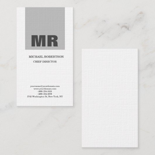 Linen Professional Monogram grijs & White Plain Visitekaartje (Voorkant / Achterkant)
