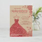 Linen  Rode rozen glitter jurk Quinceañera Kaart (Staand voorkant)