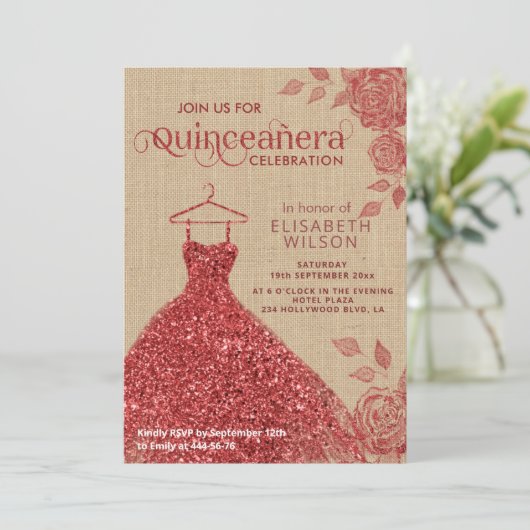 Linen  Rode rozen glitter jurk Quinceañera Kaart (Staand voorkant)
