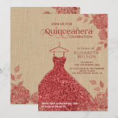Linen  Rode rozen glitter jurk Quinceañera Kaart (Voorkant / Achterkant)