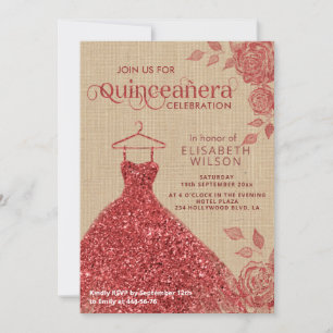 Linen  Rode rozen glitter jurk Quinceañera Kaart