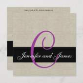 Linen Rustic Wedding Invitation Monogram Paars Kaart (Voorkant / Achterkant)
