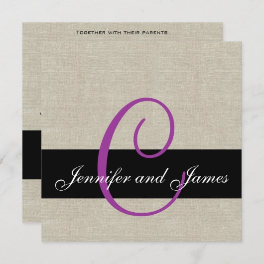 Linen Rustic Wedding Invitation Monogram Paars Kaart (Voorkant / Achterkant)