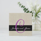 Linen Rustic Wedding Invitation Monogram Paars Kaart (Staand voorkant)
