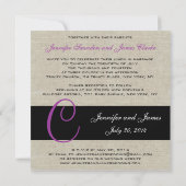 Linen Rustic Wedding Invitation Monogram Paars Kaart (Achterkant)