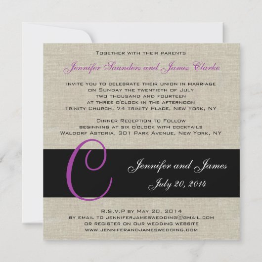 Linen Rustic Wedding Invitation Monogram Paars Kaart (Achterkant)
