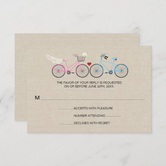 Linen Style Bicycle Pink Wedding Reply RSVP (Voorkant / Achterkant)