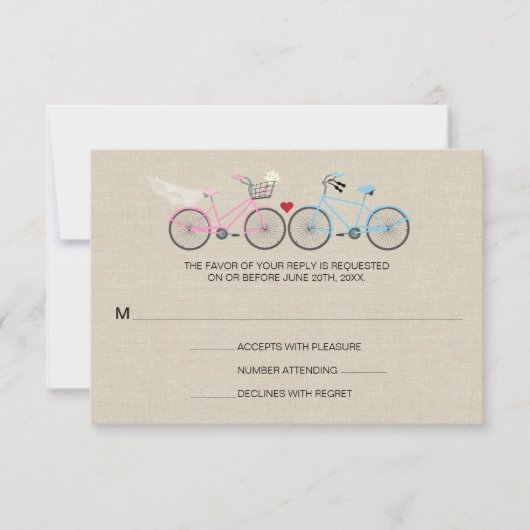 Linen Style Bicycle Pink Wedding Reply RSVP Kaartje (Voorkant)