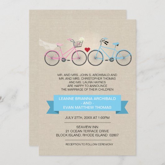 Linen Style Bicycle Wedding Kaart (Voorkant / Achterkant)