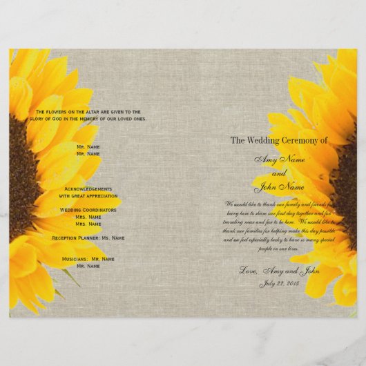 Linen Sunflower Rustic | Weddenschap-programma (Voorkant)