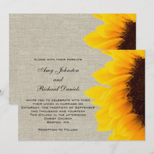 Linen Sunflower Rustic Wedding Invitation Kaart (Voorkant / Achterkant)
