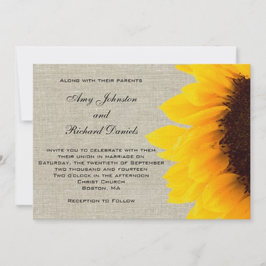 Linen Sunflower Rustic Wedding Invitation Kaart (Voorkant)