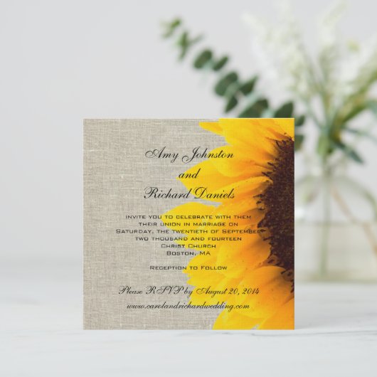Linen Sunflower Rustic Wedding Invitation Kaart (Staand voorkant)