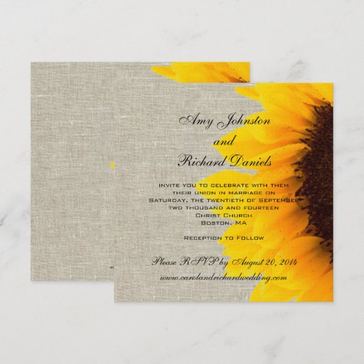 Linen Sunflower Rustic Wedding Invitation Kaart (Voorkant / Achterkant)