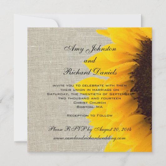 Linen Sunflower Rustic Wedding Invitation Kaart (Voorkant)
