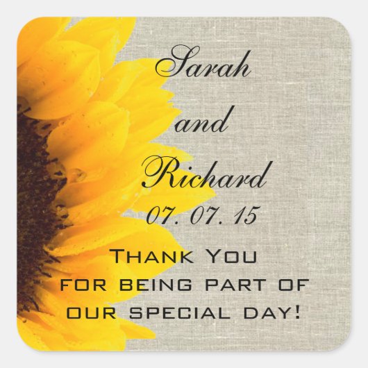 Linen Sunflower Thank You Wedding Favor Vierkante Sticker (Voorkant)