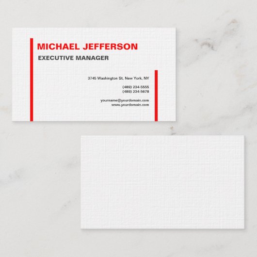 Linen Trendy Modern Elegant Simple Red White Visitekaartje (Voorkant / Achterkant)