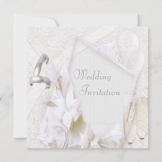 Linen Wedding Bands & Champagne Flutes Invitation Kaart (Voorkant)