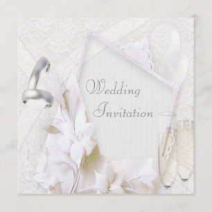 Linen Wedding Bands & Champagne Flutes Invitation Kaart