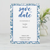 Linen Wedding Floral Blue White Save Date Save The Date (Staand voorkant)