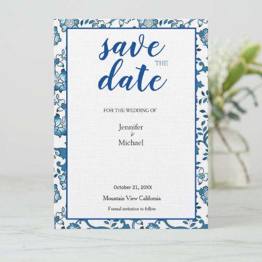 Linen Wedding Floral Blue White Save Date Save The Date (Staand voorkant)