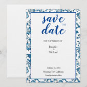 Linen Wedding Floral Blue White Save Date Save The Date (Voorkant / Achterkant)
