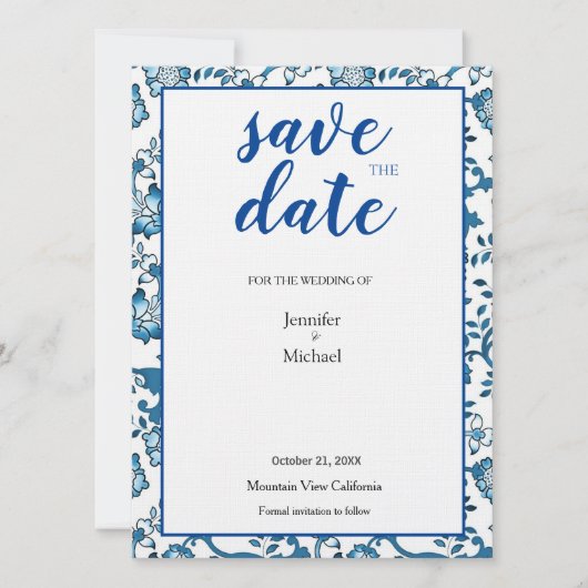 Linen Wedding Floral Blue White Save Date Save The Date (Voorkant)