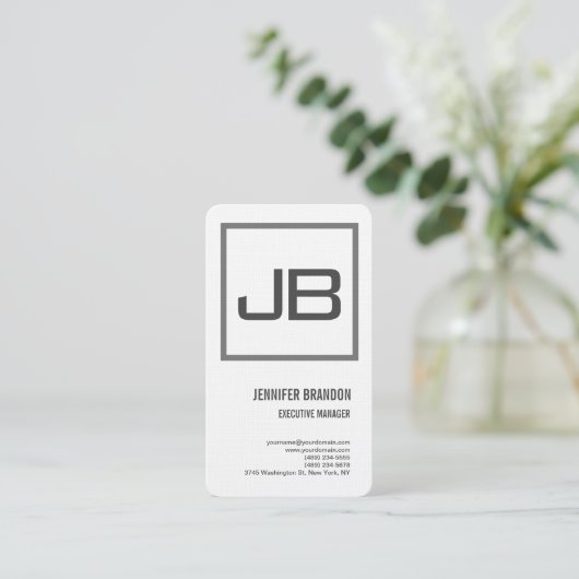 Linen White Gray Monogram Minimalist Modern Plain Visitekaartje (Staand voorkant)