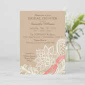 Linen White Lace en Coral Ribbon Vrijgezellenfeest Kaart (Staand voorkant)