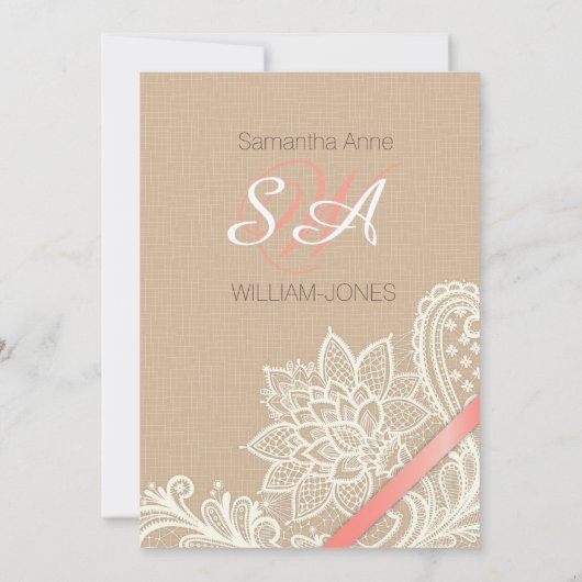 Linen White Lace en Coral Ribbon Vrijgezellenfeest Kaart (Achterkant)