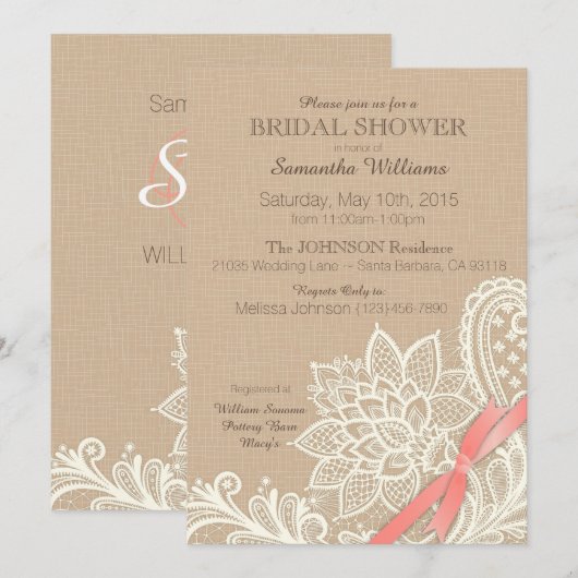 Linen White Lace en Coral Ribbon Vrijgezellenfeest Kaart (Voorkant / Achterkant)