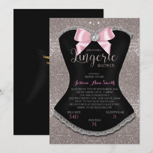 Lingerie douche bachelorette uitnodiging zilver (Voorkant / Achterkant)