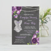 Lingerie Douche Bruids Paarse Krijt Bloemen Uitnod Kaart (Staand voorkant)