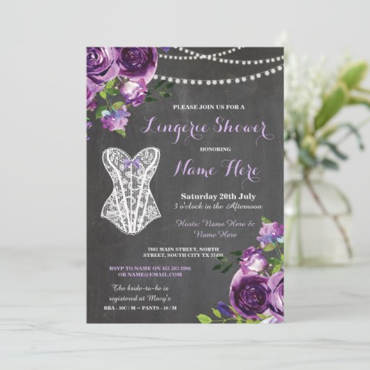 Lingerie Douche Bruids Paarse Krijt Bloemen Uitnod Kaart (Staand voorkant)