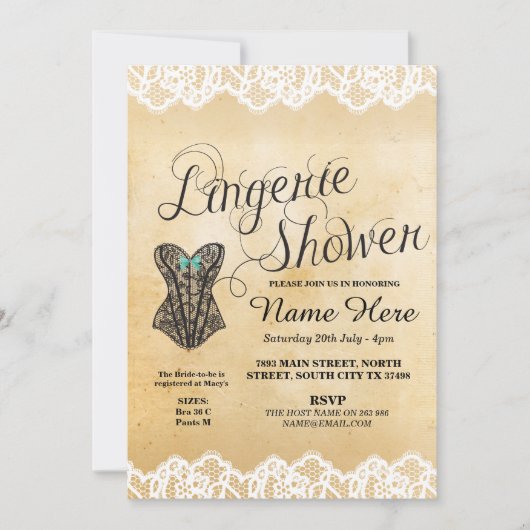Lingerie Douche Bruids Party Corset Kant Uitnodige Kaart (Voorkant)