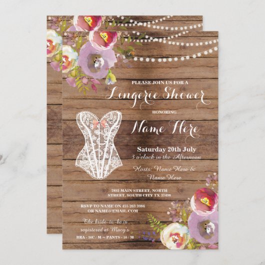 Lingerie Douche Bruids Party Hout Bloemen Uitnodig Kaart (Voorkant / Achterkant)
