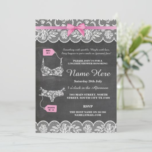 Lingerie Douche Bruids Party Roze Bow Lace Uitnodi Kaart (Staand voorkant)