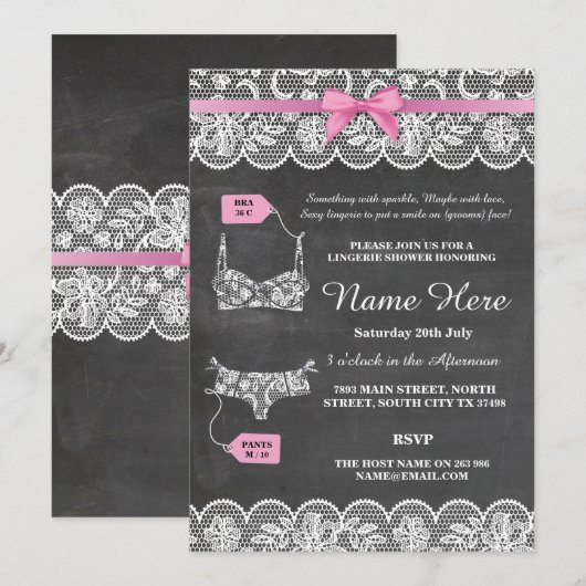 Lingerie Douche Bruids Party Roze Bow Lace Uitnodi Kaart (Voorkant / Achterkant)
