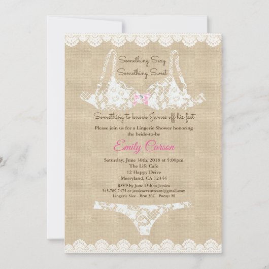 Lingerie douche burlap lace uitnodiging rustig woo (Voorkant)