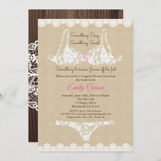 Lingerie douche burlap lace uitnodiging rustig woo (Voorkant / Achterkant)