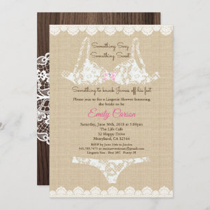 Lingerie douche burlap lace uitnodiging rustig woo