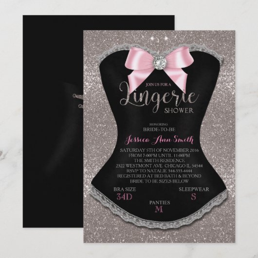 Lingerie douche uitnodiging zilver terug (Voorkant / Achterkant)