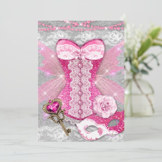 Lingerie Party PINK Key Corset Mask Zilver Kaart (Staand voorkant)