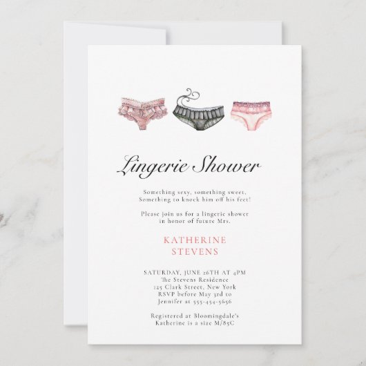 Lingerie Roze Zwart Waterverf Chic Bruidsfeest Kaart (Voorkant)