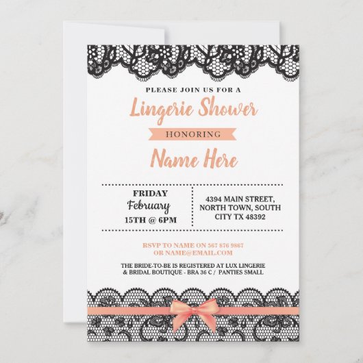 Lingerie Shower Bow Invitation Peach Black Lace Kaart (Voorkant)