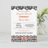 Lingerie Shower Bow Invitation Peach Black Lace Kaart (Staand voorkant)