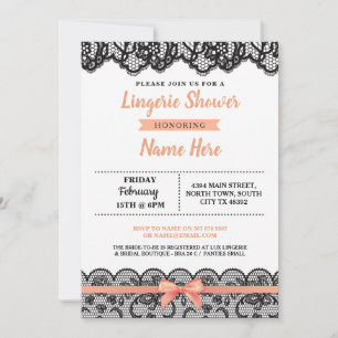 Lingerie Shower Bow Invitation Peach Black Lace Kaart